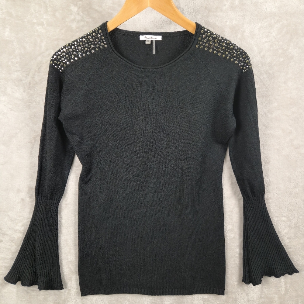 Villa Milano Wool Blend‎ Black Knit Blouse Flared Sleeves Size M